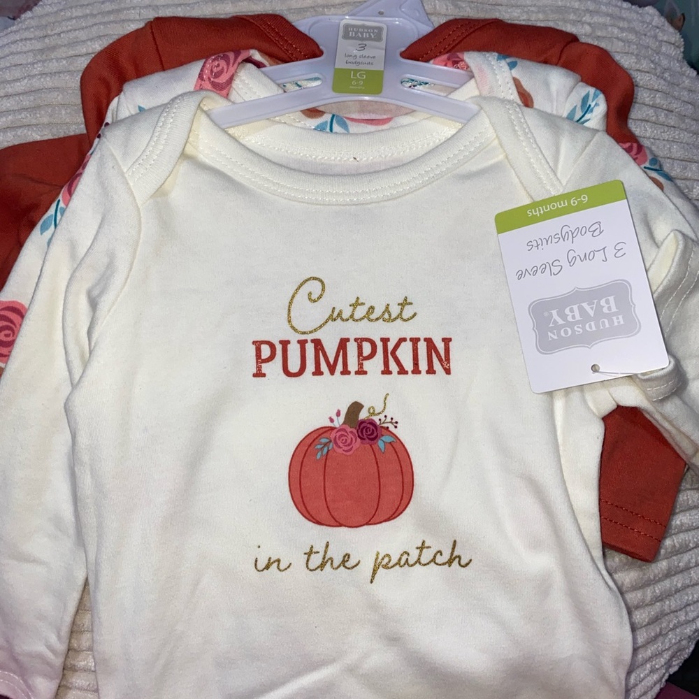 Hudson Baby Cream and Orange Pumpkin Long Sleeve Onesie Bundle